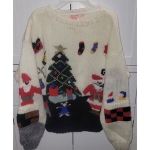 Fetagetti Ugly Christmas Sweater Cream Santa Tree Stockings L